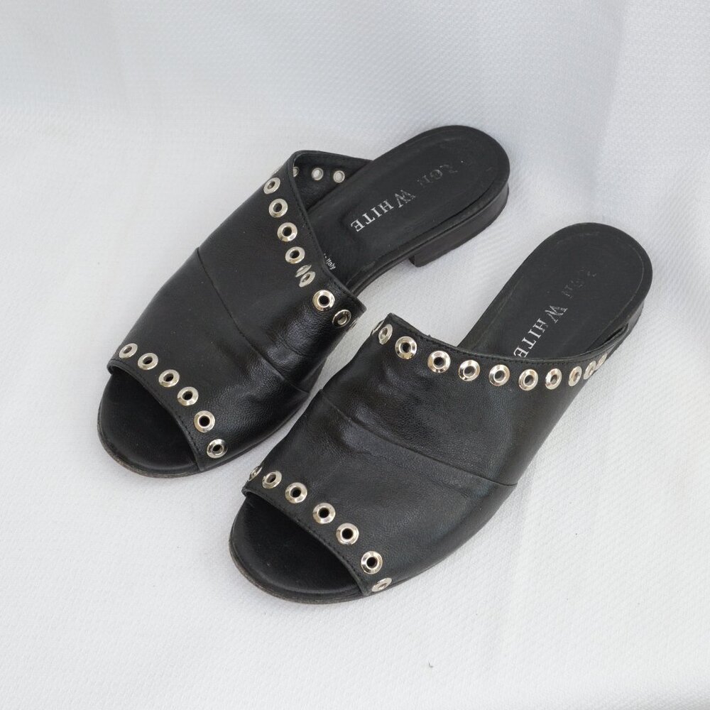 Tony & White Black Leather Grommet Slide Sandals